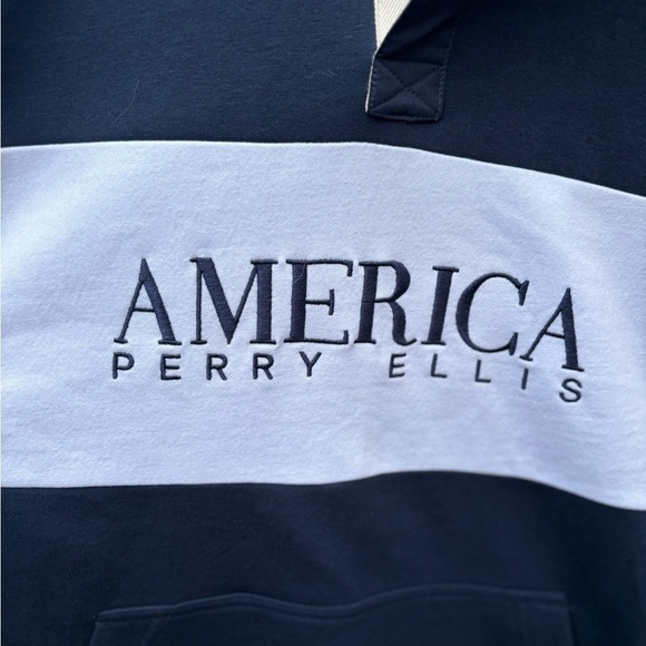 Perry Ellis America Navy Blue & White Pullover Fleece Sweater Size M w/ Pocket - Picture 10 of 13